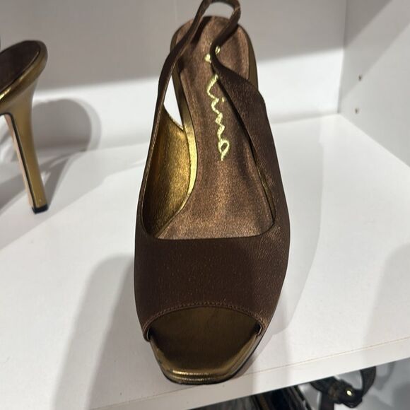 Nina Shoes Brown and Gold Peep-Toe Heels - Picture 2 of 4